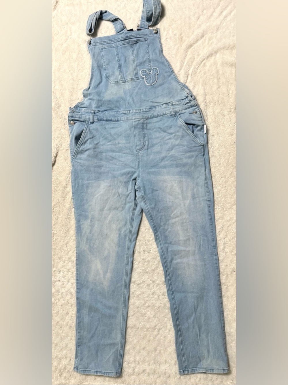 DISNEY OUR UNIVERSE Mickey Mouse Frayed Light Blue Faded Denim Women’s Overalls